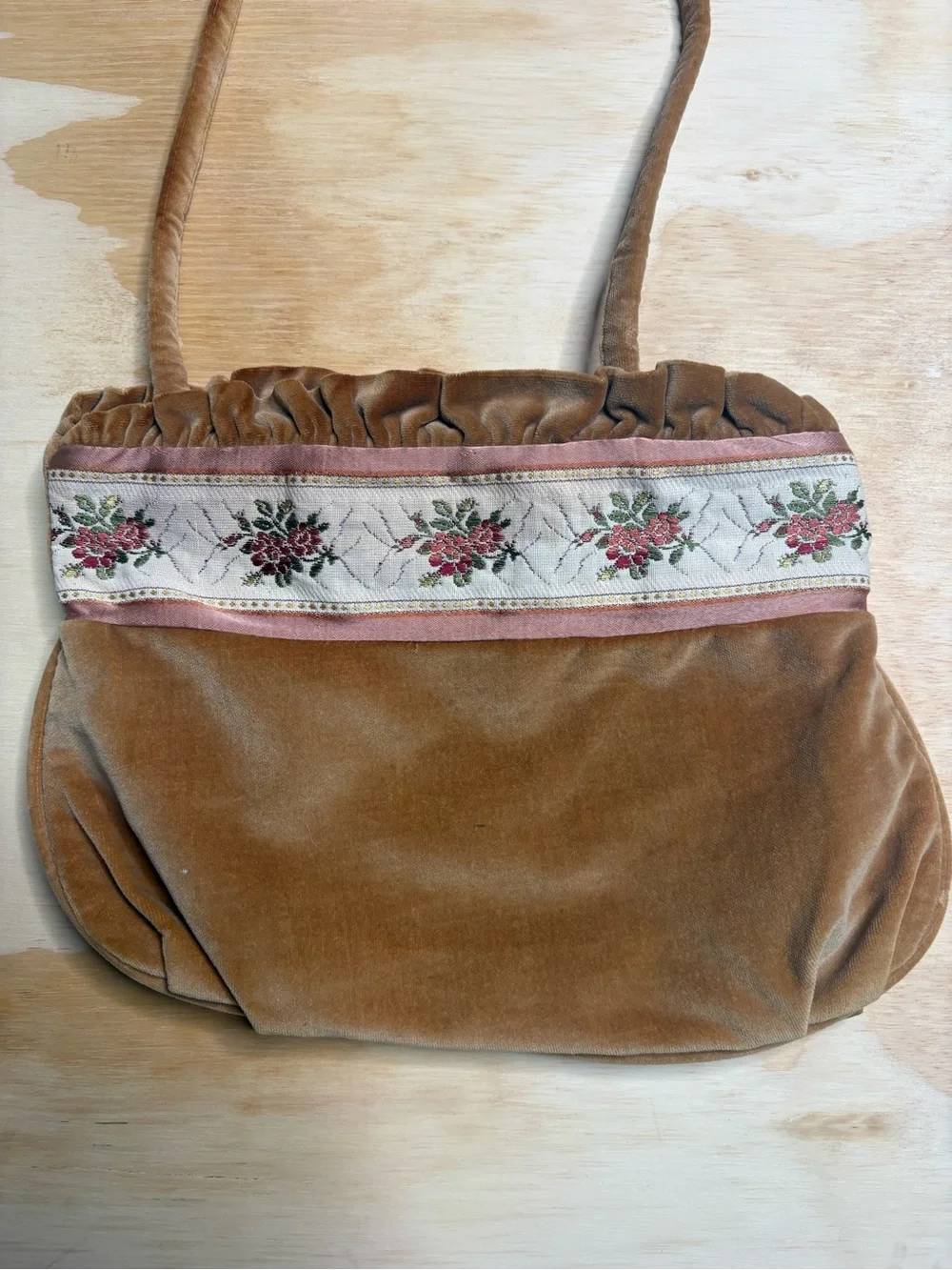 Brown Velvet Shoulder Bag with Floral Trim